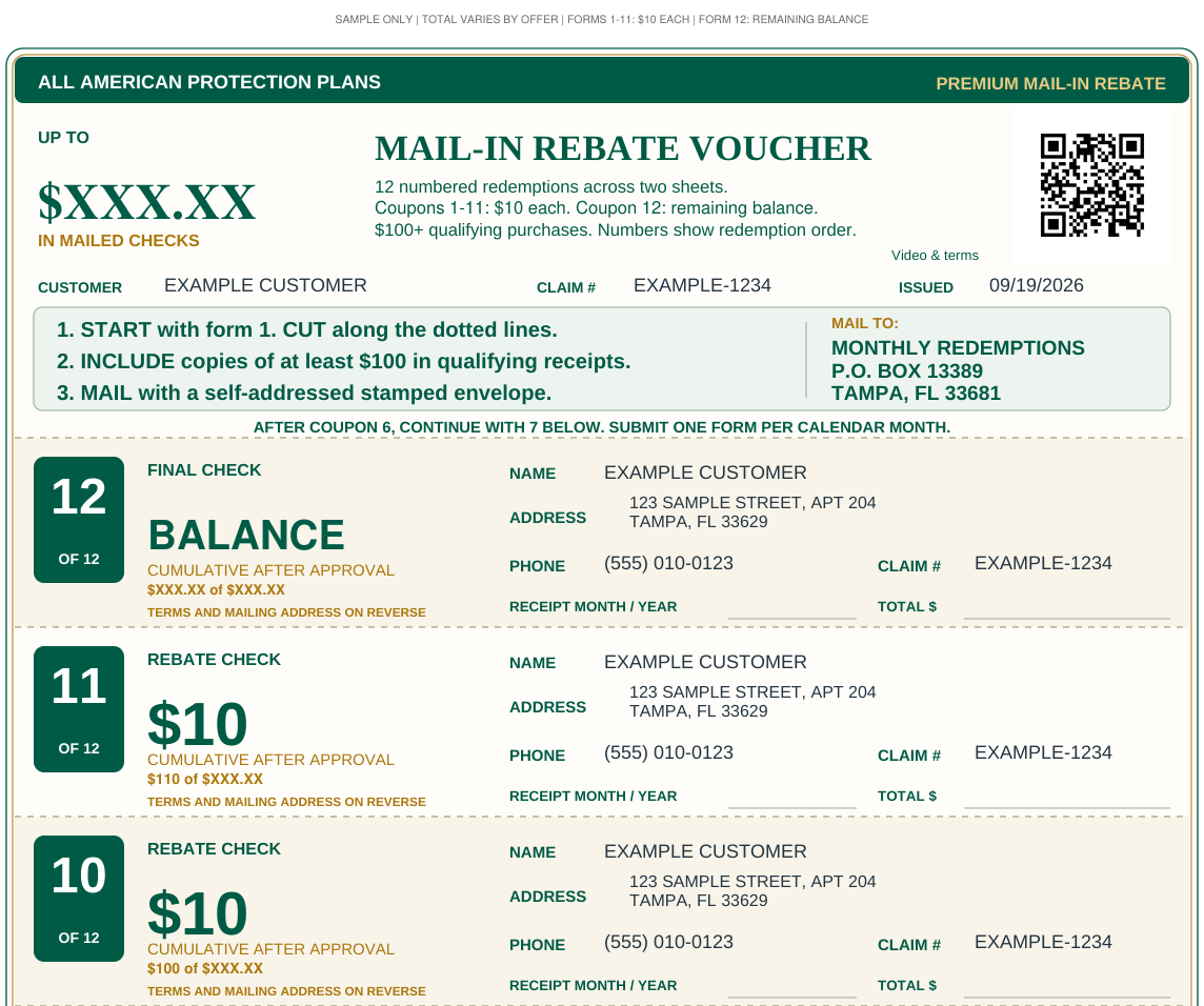 Sample excerpt showing the voucher header and forms 10–12. Forms 10 and 11 pay $10 each after approval; form 12 pays the remaining balance. The total is shown as $XXX.XX.